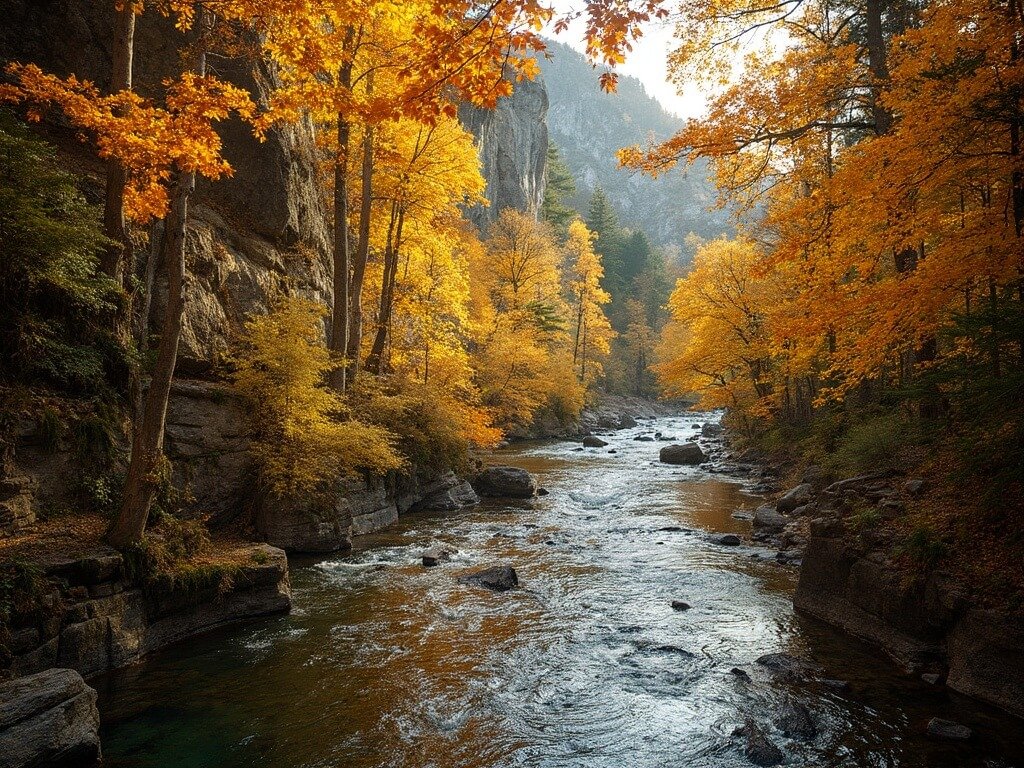 Vibrant autumn landscape along the Merced River with big-leaf maples in brilliant yellow and orange colors, dark granite cliffs and evergreen trees, under soft golden sunlight filtering through the forest canopy