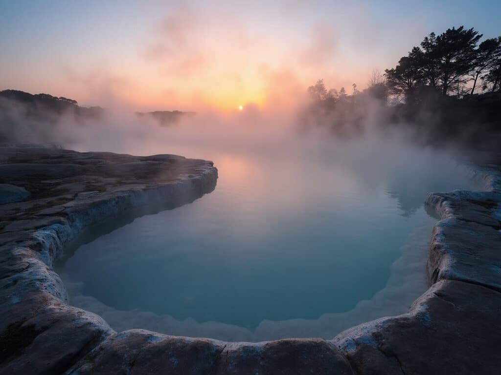 Mystical sunset over Avila Hot Springs with rising steam from mineral pools and drifting coastal fog