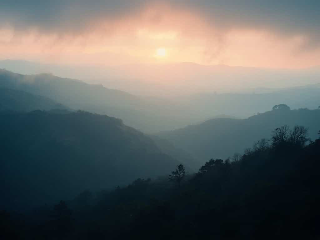 Dawn over the Bay Area with soft light, rolling hills, and morning mist showcasing meteorological diversity