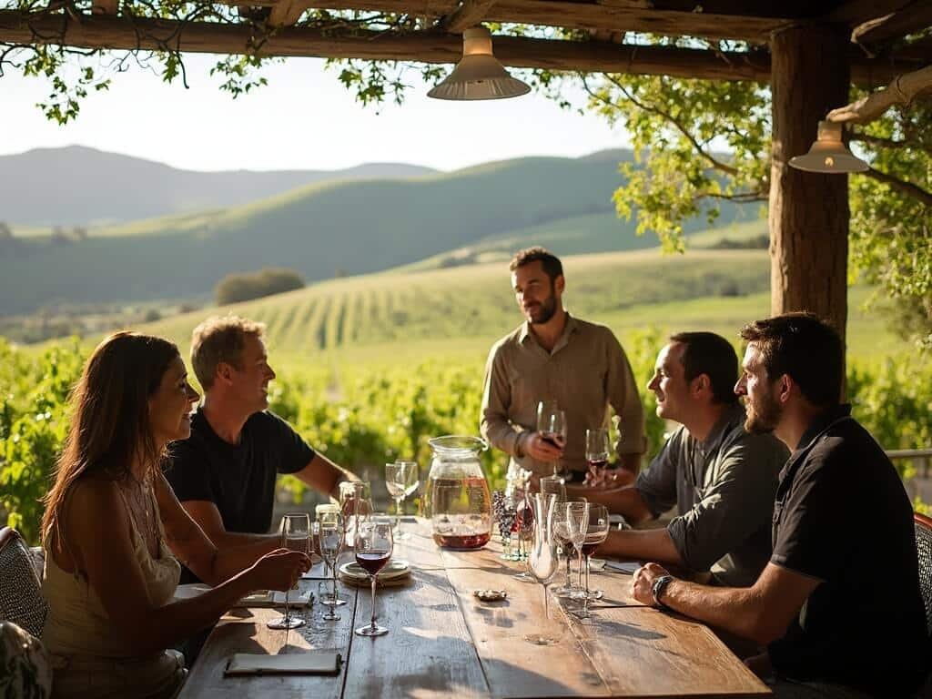 Intimate outdoor wine tasting at Bernardus Winery in Carmel Valley with wine glasses, rolling vineyard hills, soft spring light through green vines, and conversing winemaker