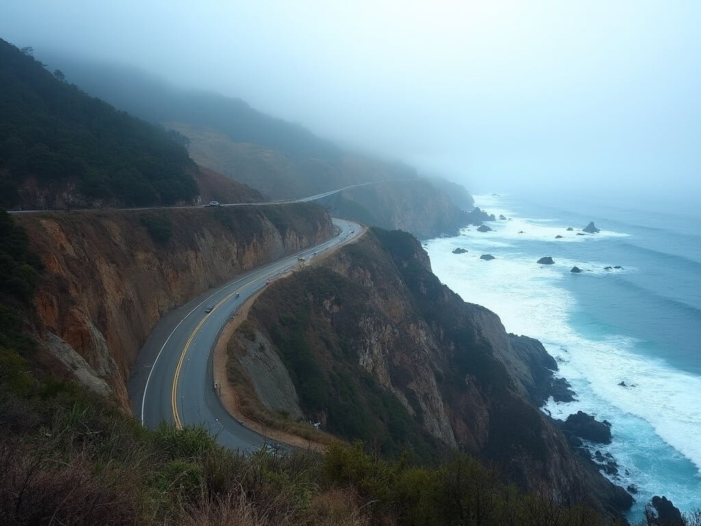 Dramatic coastal landscape of Big Sur with Highway 1 along rugged cliffs, morning fog from the Pacific Ocean, and contrasting blues and browns