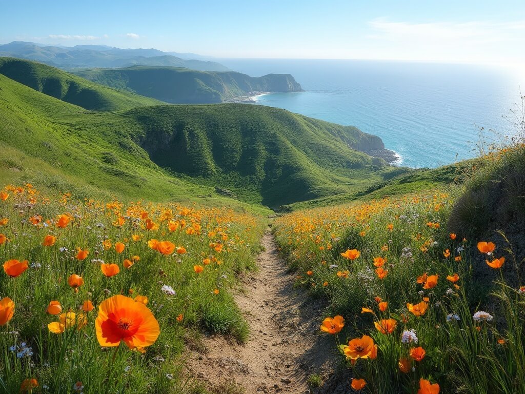 Bishop Peak trail in early May with green hills, wildflowers, California poppies and distant ocean views through coastal vegetation