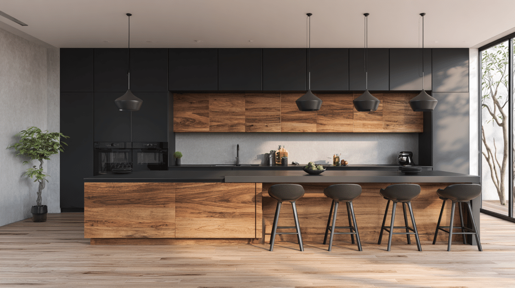 black and wood kitchen