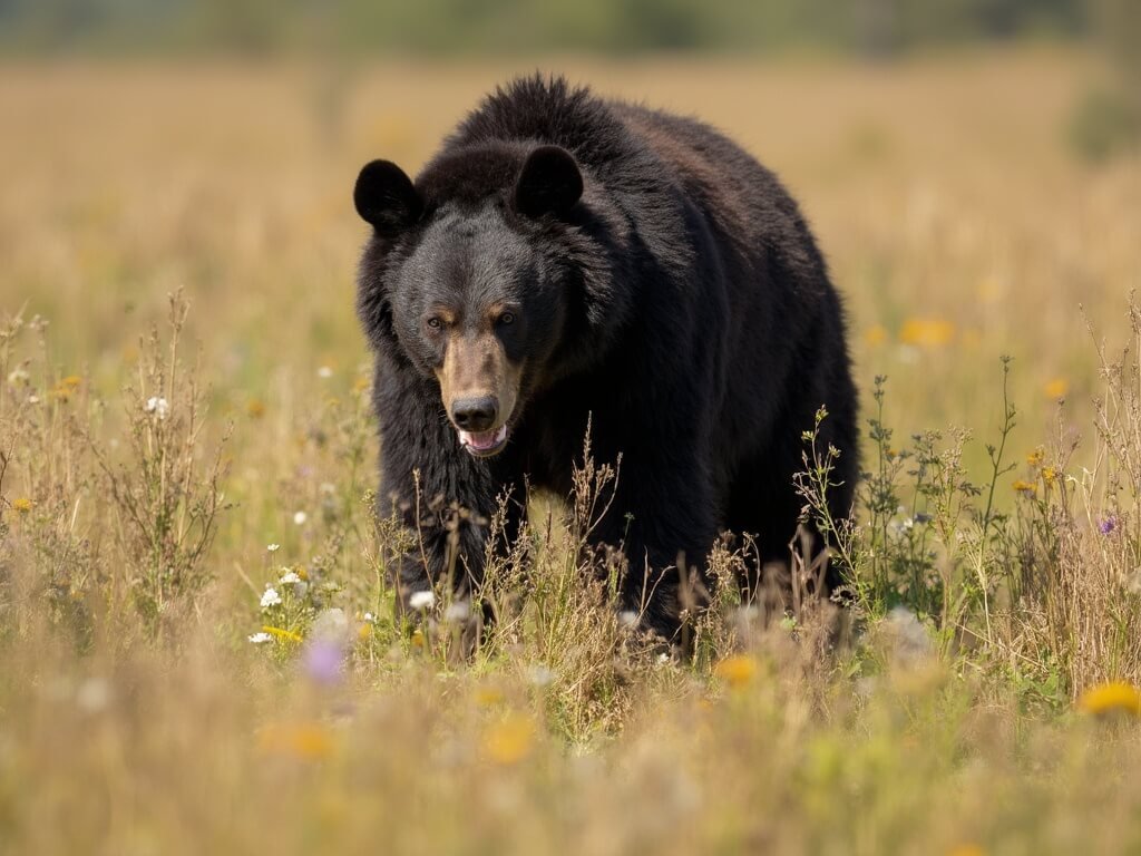 Close-up of a black bear foraging in a late-summer meadow near Crane Flat, surrounded by wildflowers and dry golden grass under the soft light of late afternoon