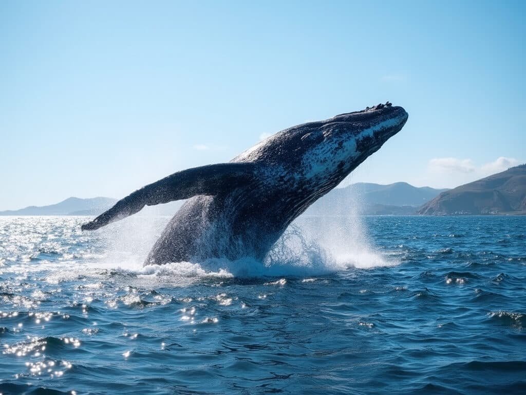 Blue whale breaching in Monterey Bay with sunlight reflecting off the water and distant coastline in the background