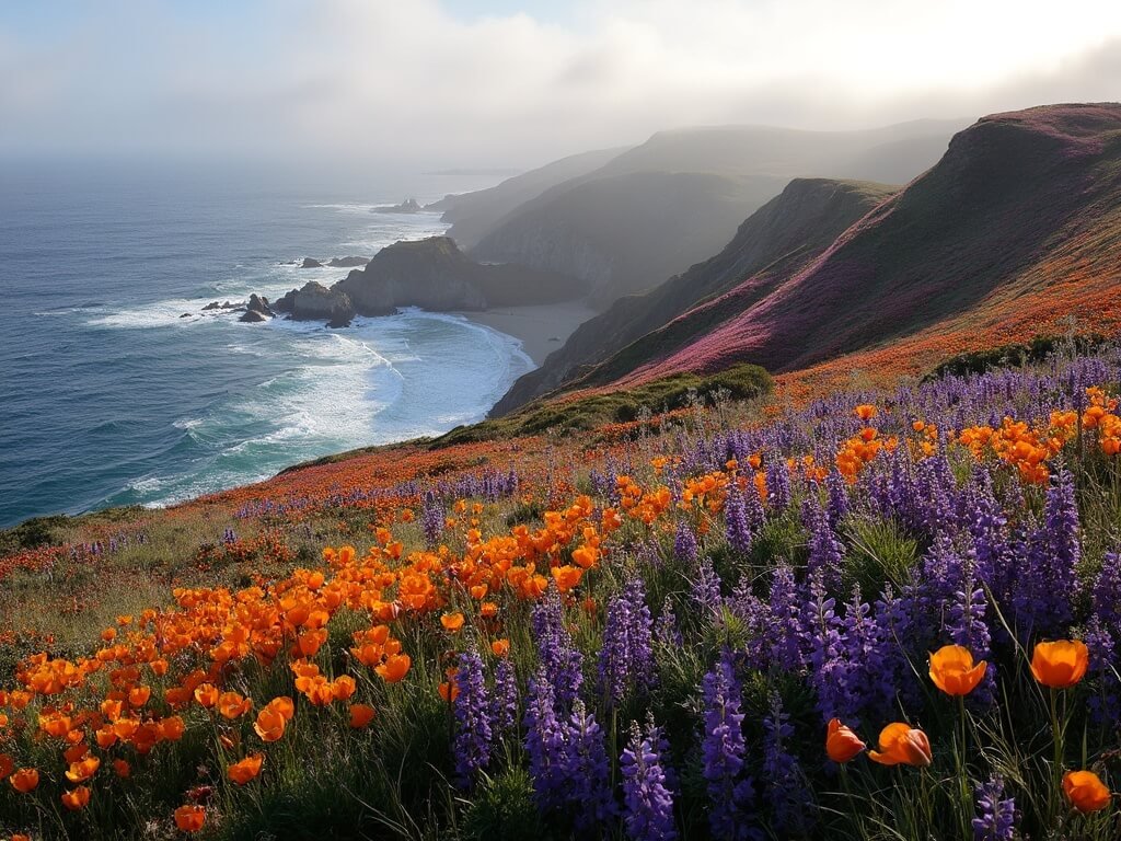California coastline with hills blanketed by purple lupine and orange poppies under morning light