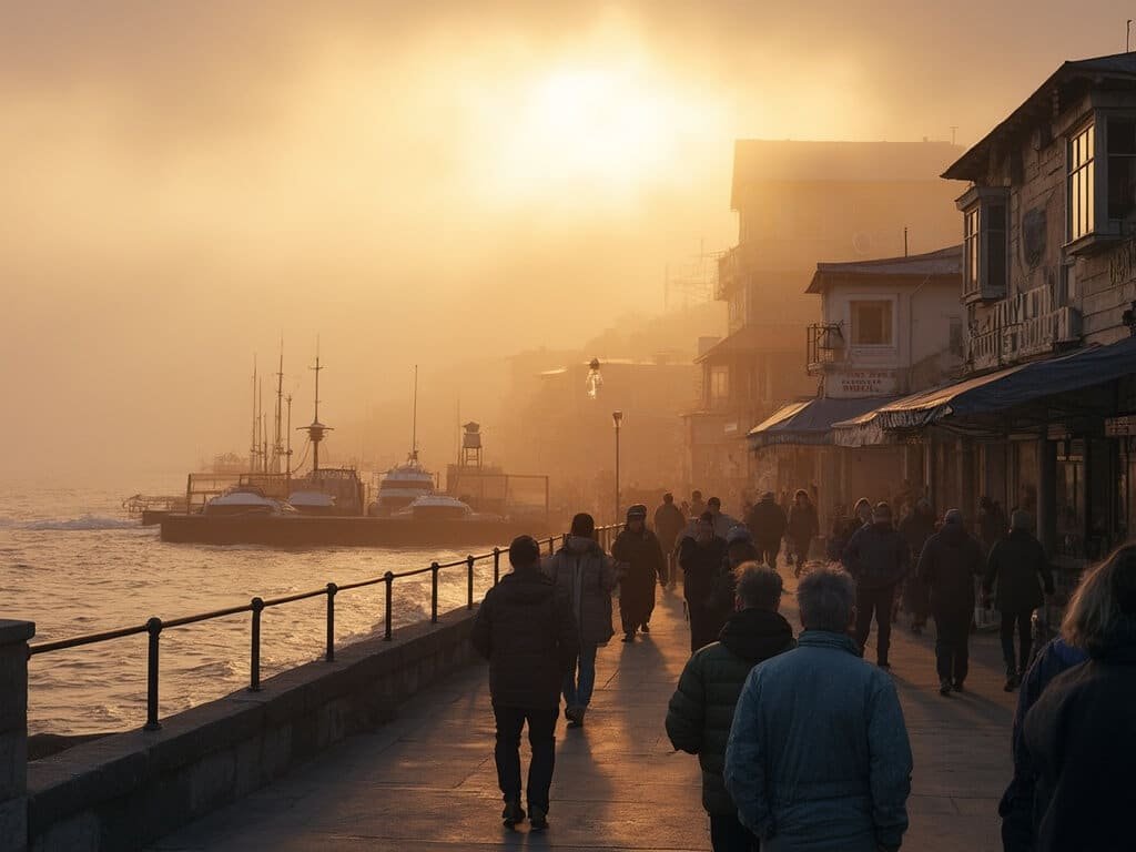 Cannery Row at sunset with golden light through marine fog, tourists in light jackets on waterfront, highlighting Monterey's unique August atmosphere