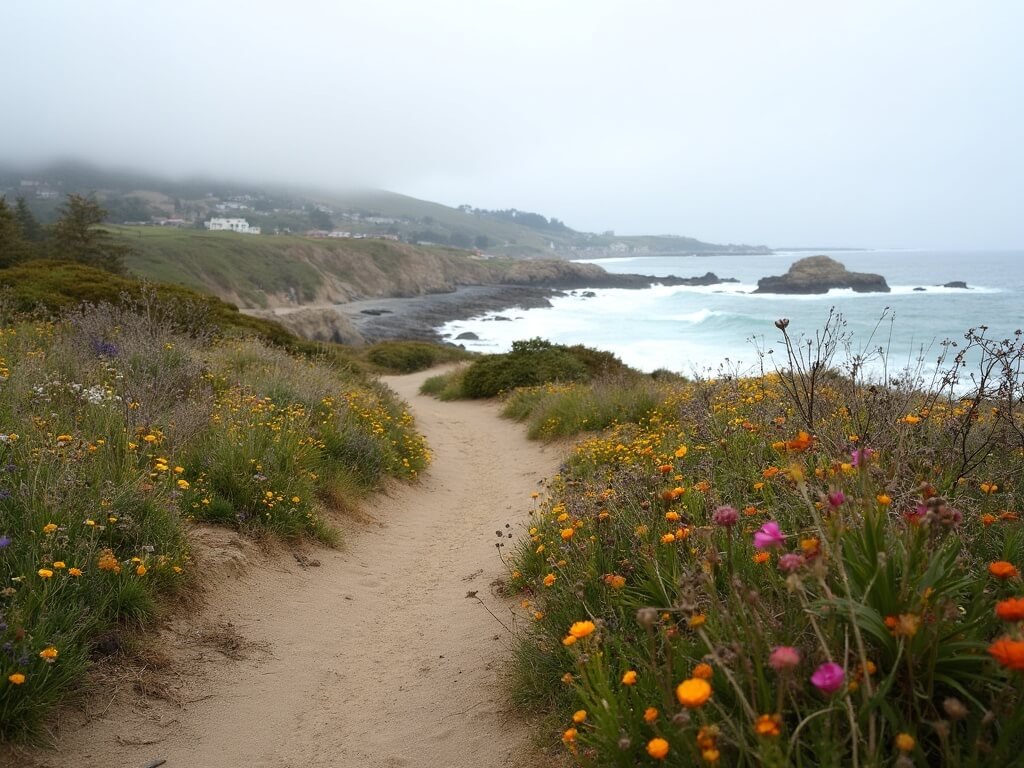 Historic Cannery Row trail with wildflowers, rocky shoreline, ocean views, and overcast May lighting