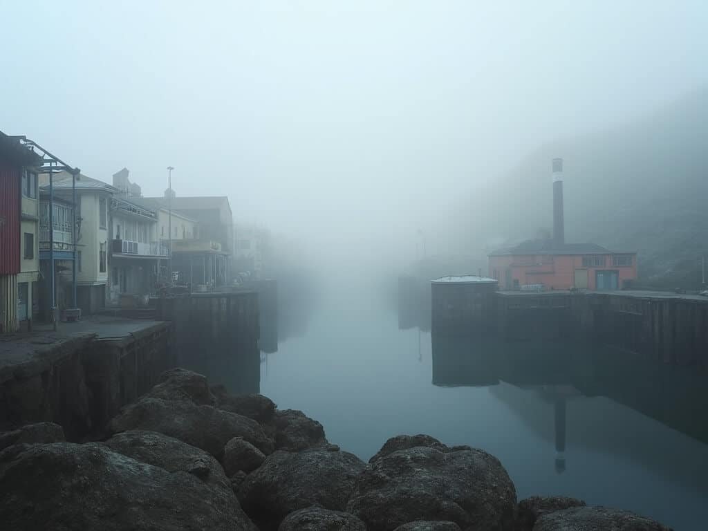 Misty morning fog over Cannery Row, Monterey with vintage buildings partially obscured by thick grey marine layer