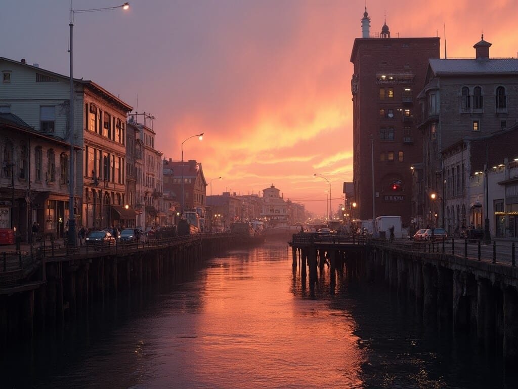 Cannery Row at sunset with historic buildings, warm sky tones reflected in water, soft twilight ambiance, street lamps, and minimal pedestrians