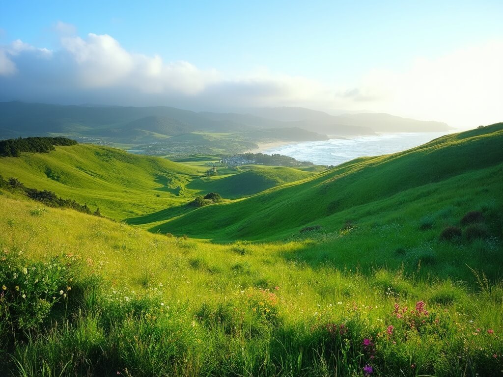 Emerald green hills with scattered wildflowers and distant coastal views in Monterey during May's spring morning