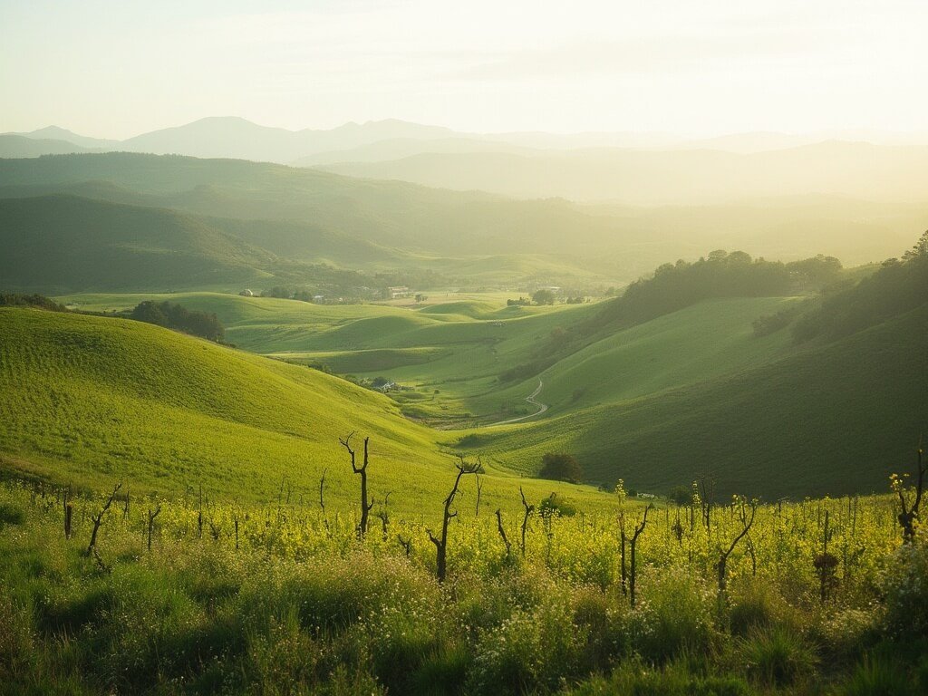Early spring view of Carmel Valley wine region with rolling green hills, wildflowers, distant vineyard and soft light highlighting seasonal colors