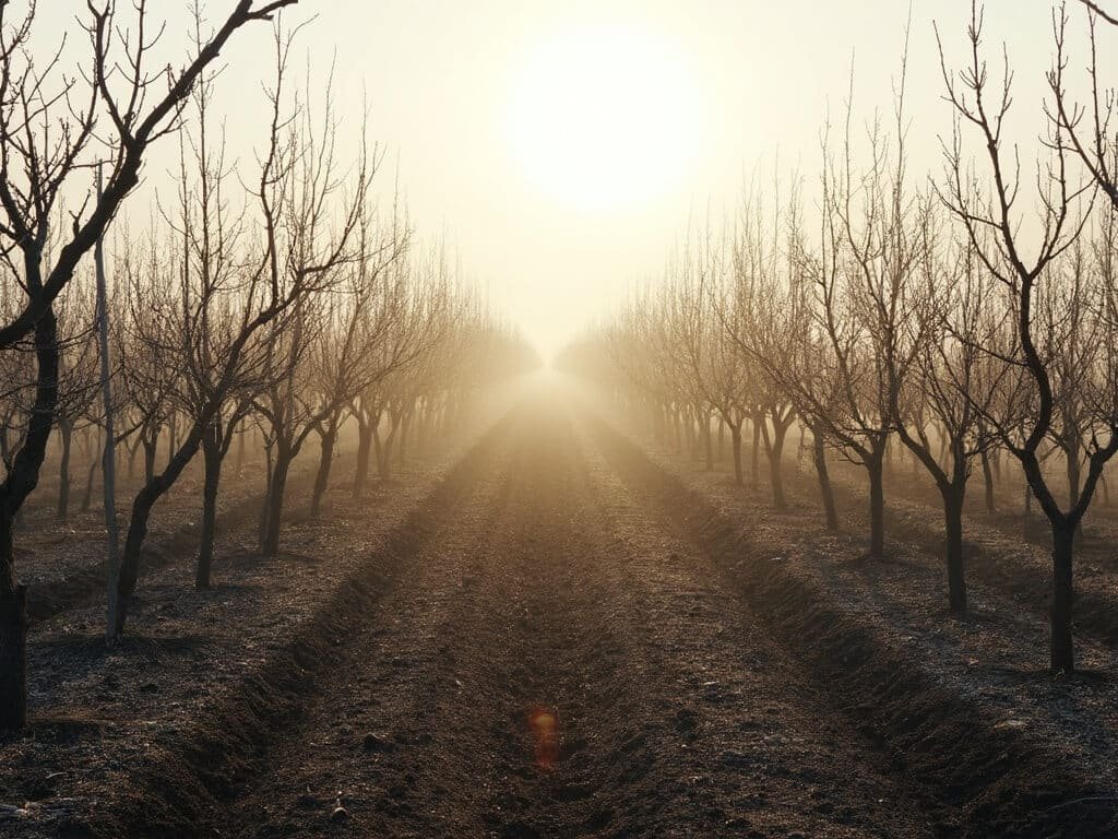 Dormant fruit orchards in Central Valley under soft winter light with long shadows, misty morning and frost hints