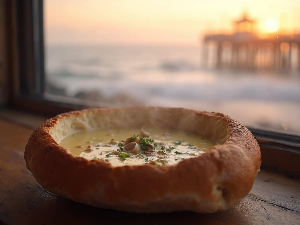 Steaming clam chowder bread bowl on a window table at sunset, with a view of misty Pismo Beach pier and rolling ocean waves in the background