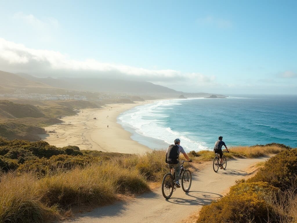 Cyclists riding on coastal trail at midday with Pismo Beach's sandy coastline and blue Pacific Ocean in background, under a clear sky with soft clouds