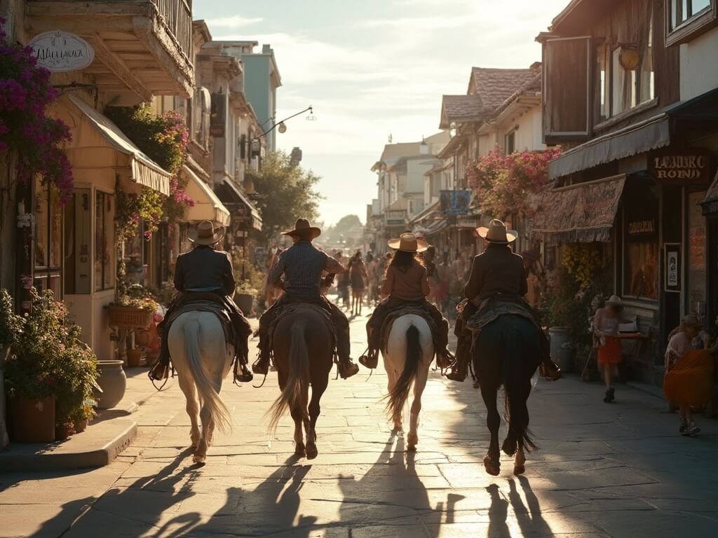 Cowboys in western attire walking past art galleries and boutique shops during California Rodeo week in Carmel Village, bathed in soft afternoon light