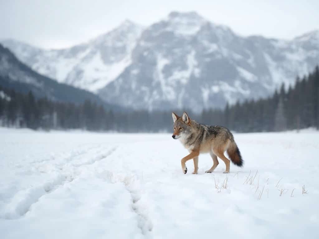 Coyote crossing a snow-covered meadow with its tracks visible, distant blurred view of Yosemite's granite peaks in the background
