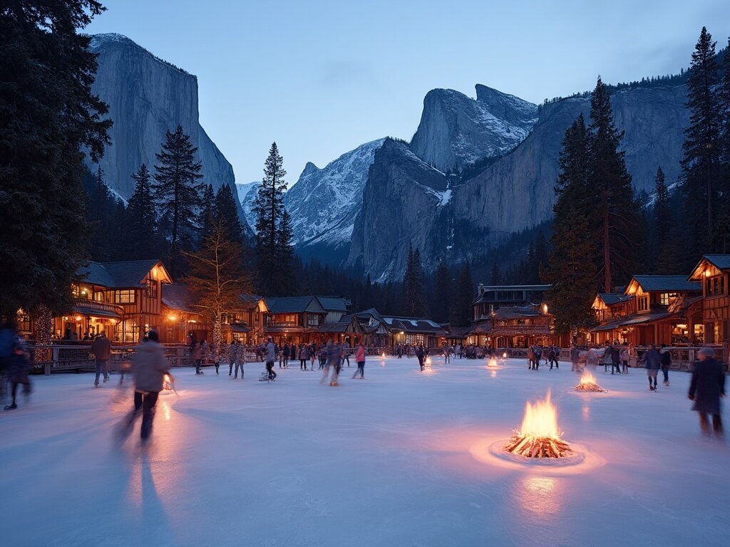 Twilight view of Curry Village Ice Skating Rink with glowing fire pits, graceful skaters, Half Dome and Glacier Point formations as backdrop, under magical evening lights