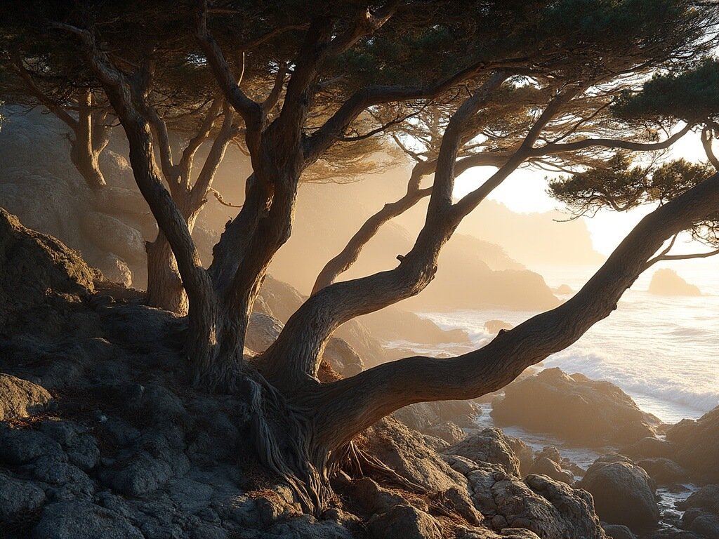 Dramatic cypress trees at Point Lobos State Natural Reserve during golden hour, with morning light casting shadows across rocky coastline