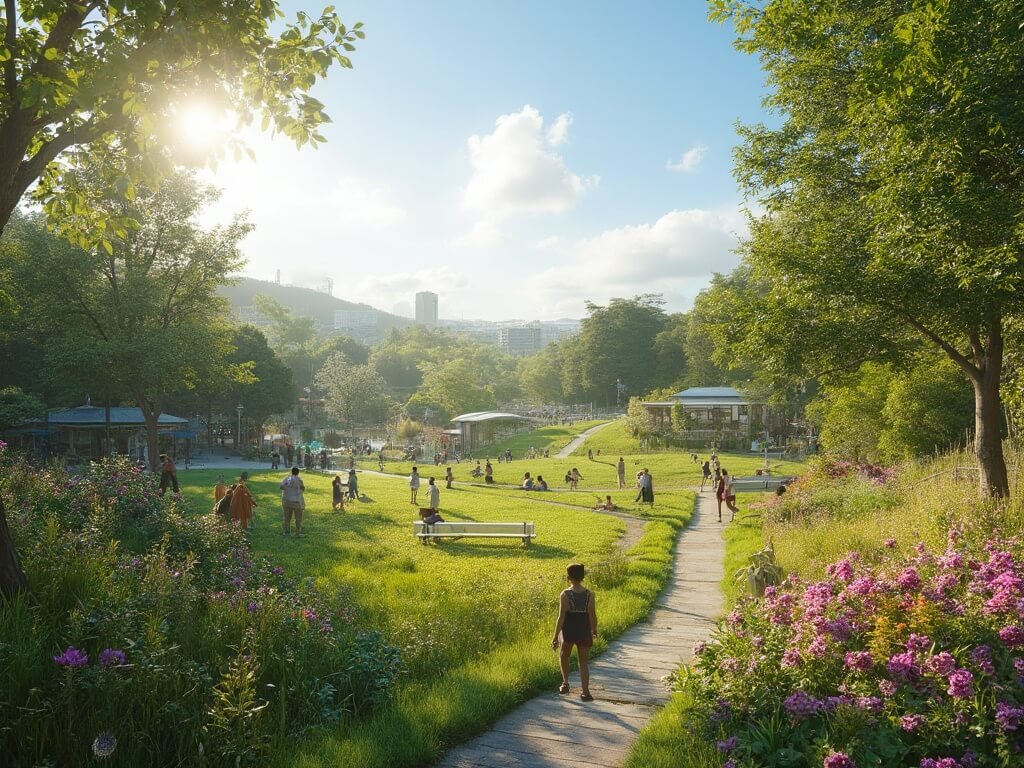 Sunny day at Discovery Meadow with people enjoying the lush green spaces under the soft California sunlight, wide angle view of park's natural beauty and urban surroundings