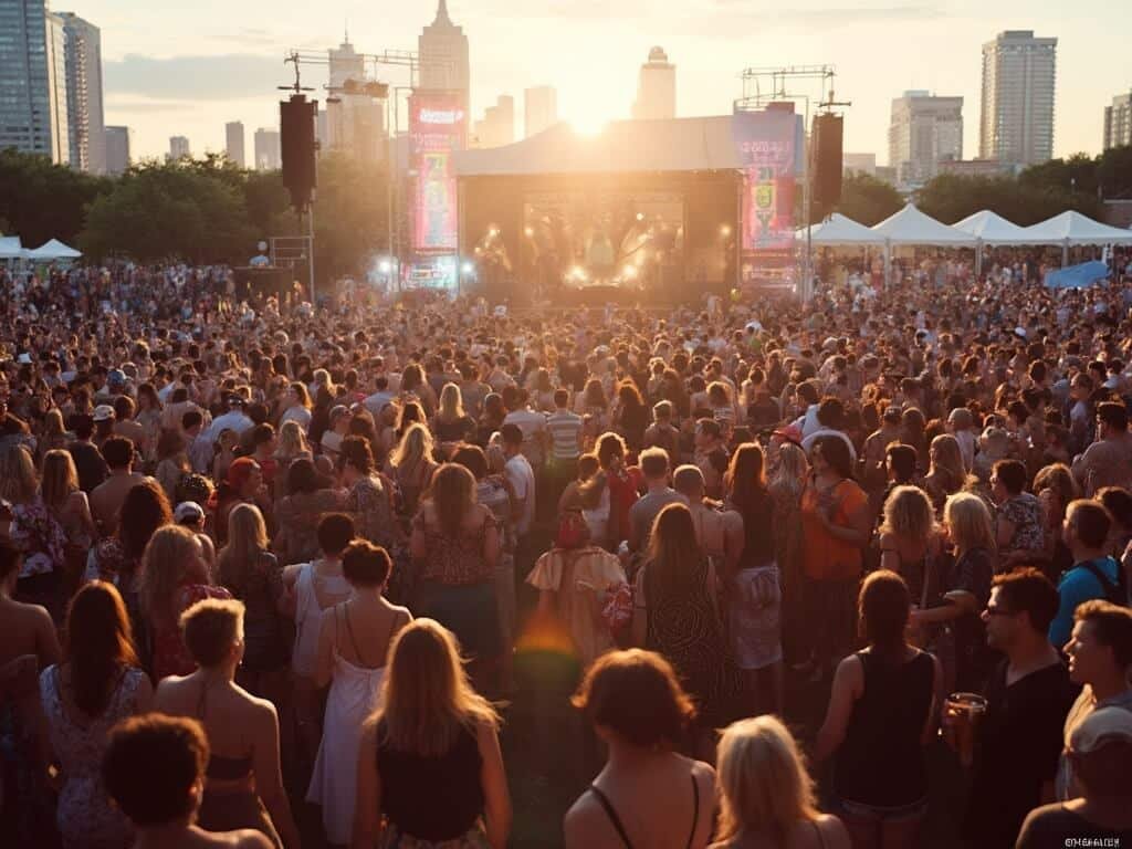 Diverse crowd enjoying a live music concert at Downtown Summer Nights with city skyline in the background, basking in warm golden evening light