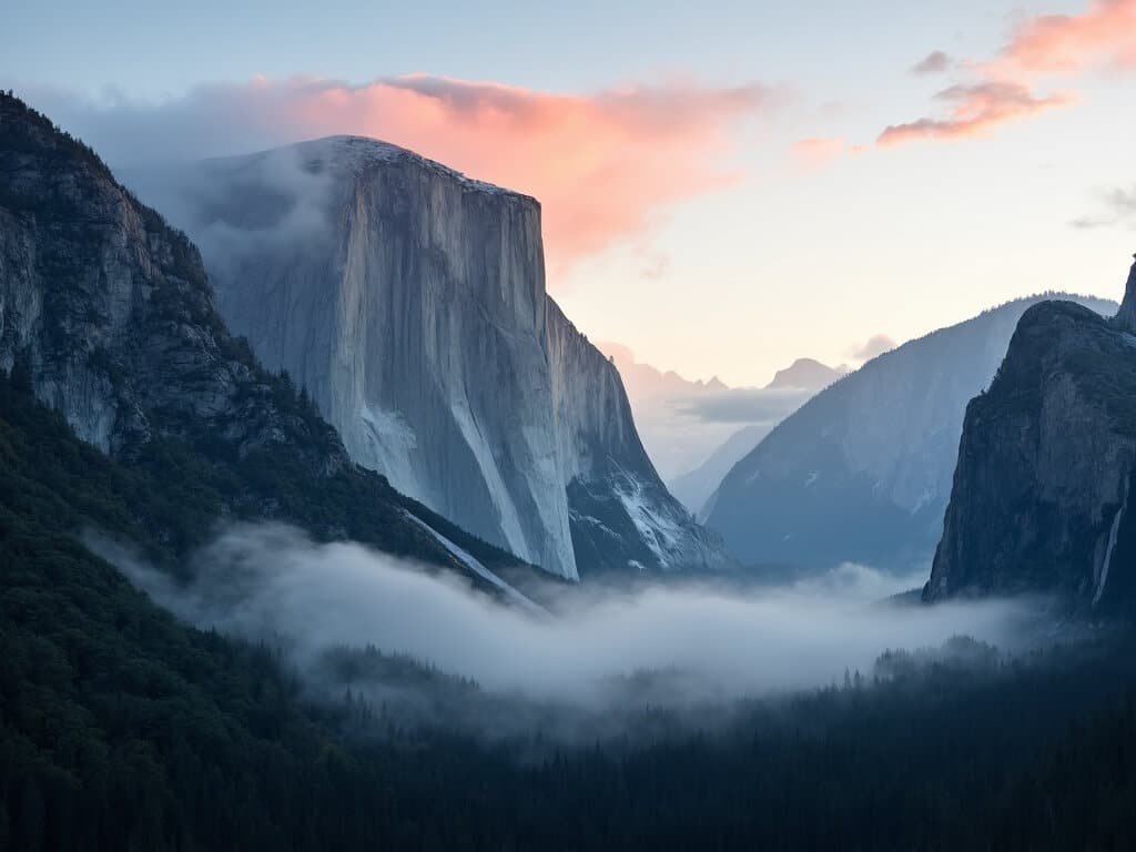 Early morning alpenglow light illuminating El Capitan above a thick layer of ground fog in Yosemite Valley