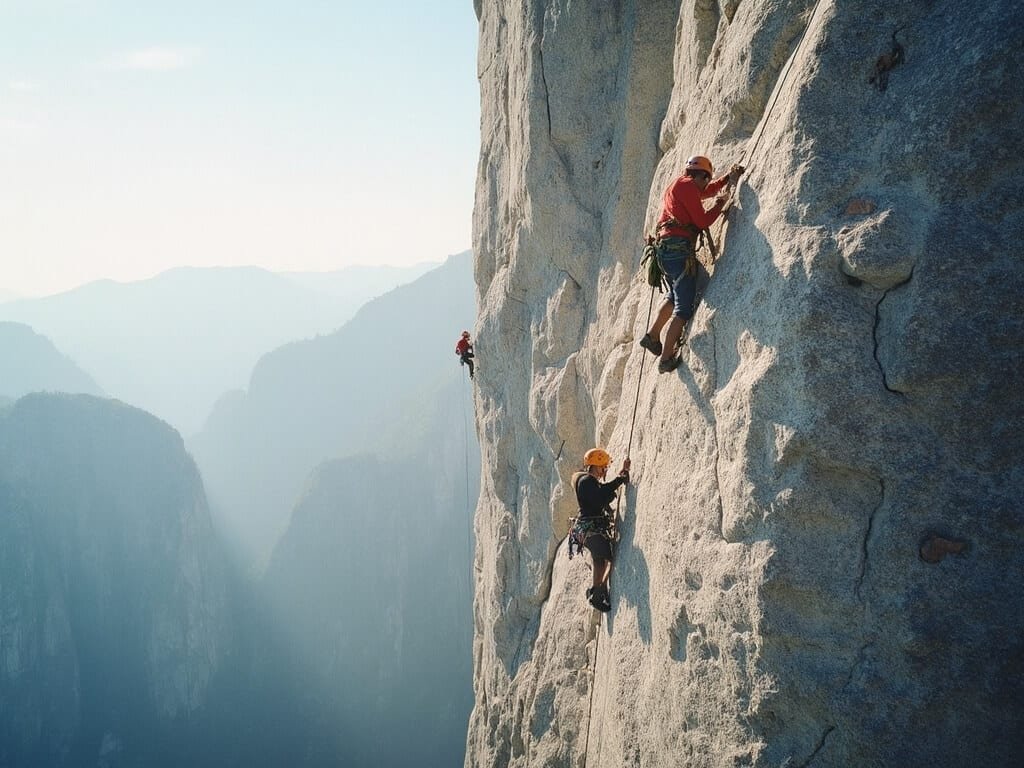 Rock climbers scaling the vertical face of El Capitan with colorful climbing gear, highlighted by morning light