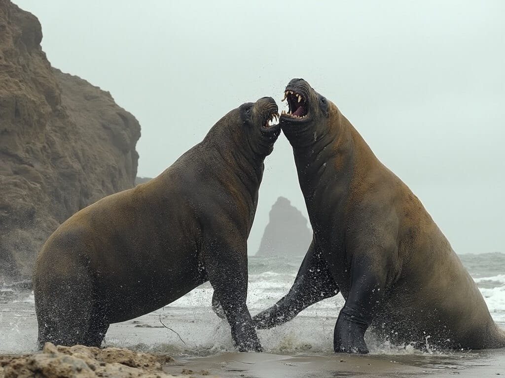 Elephant seals in a fierce battle for breeding rights at Piedras Blancas rookery, with rocky coastline in the backdrop