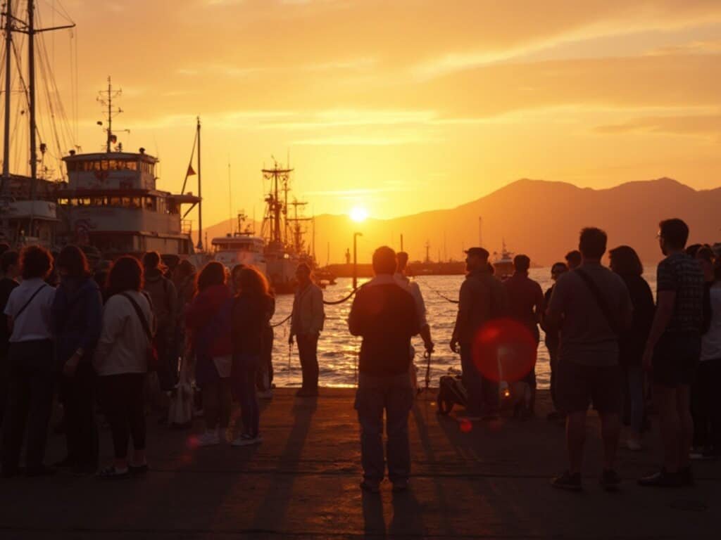 Golden hour sunset at Fisherman's Wharf in July with layers of light on tourists in light jackets, silhouettes of boats, coastal hills, and transition from daylight to twilight