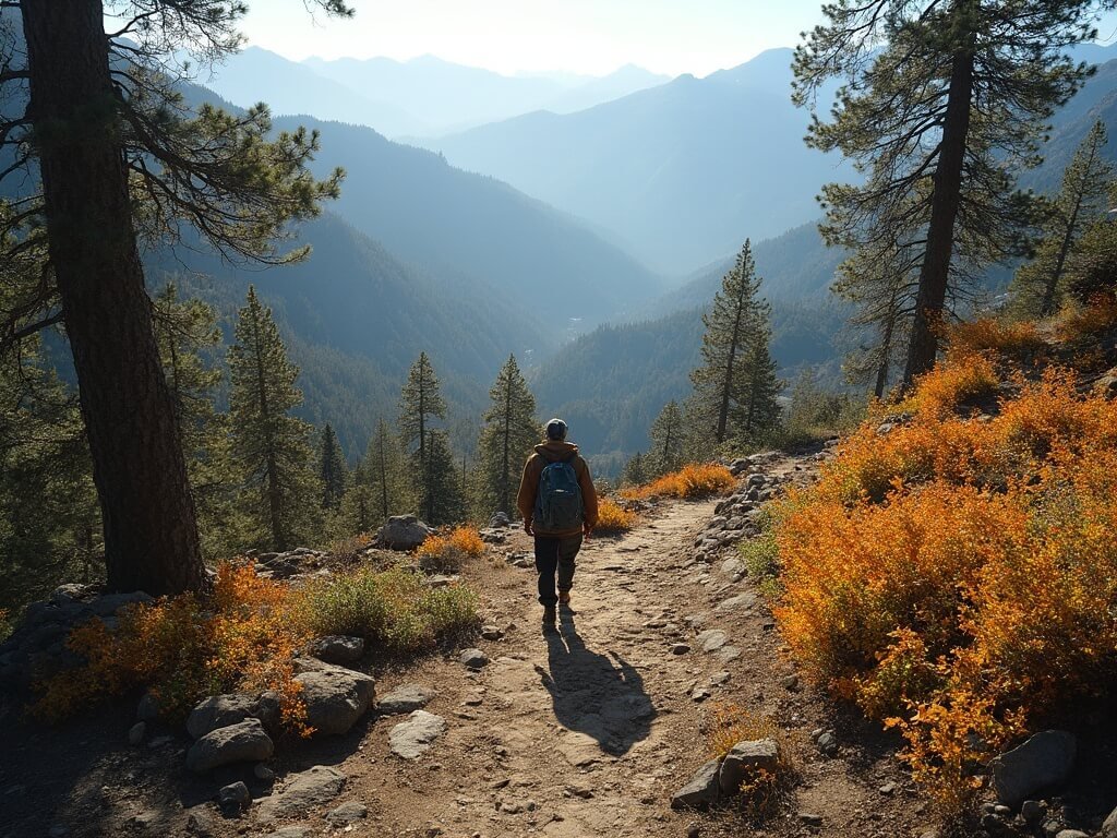 Solitary hiker in layered clothing navigating switchbacks on Four Mile Trail, surrounded by autumn foliage in the Sierra Nevada, with morning light casting long shadows and illuminating the winding path.