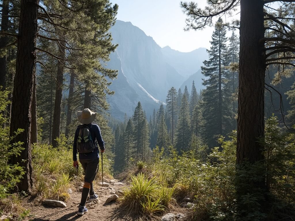 Hiker wearing technical clothing and wide-brimmed hat navigating the Four Mile Trail, covered in deep shade with sunlight piercing through pine trees, and Glacier Point's granite cliffs seen in the distance