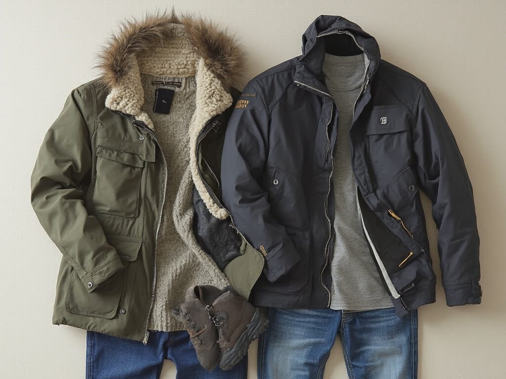 Artistic arrangement of lightweight jacket, comfortable walking shoes, and light waterproof clothing suitable for Fresno's mild December weather