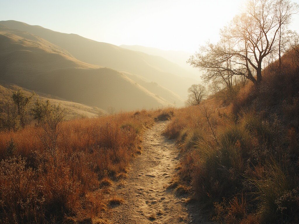 Mild winter landscape on a hiking trail near Fresno with diffused sunlight, native vegetation, and gentle mist in the background