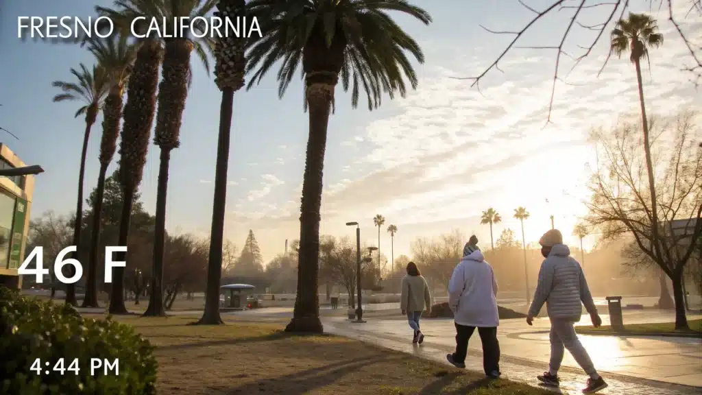 "Downtown Fresno, California in mild December weather with people in light jackets, palm trees, long shadows in golden sunlight, a distant rain mist, and a temperature display showing 46°F"