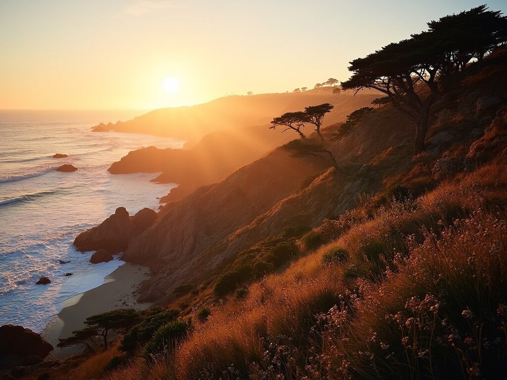 Golden hour lighting illuminating rugged coastal landscape along 17-Mile Drive, with silhouetted cypress trees against warm autumn sky