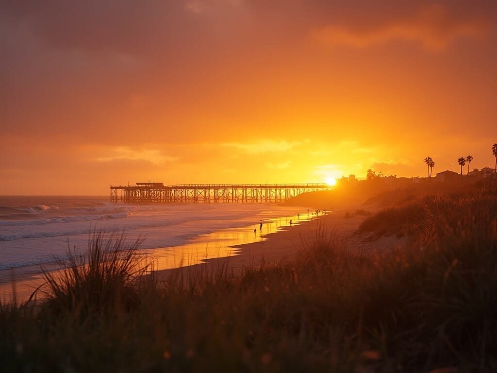 Golden hour sunset at Pismo Beach with orange light reflecting on water, silhouetted pier in distance, and beach grass moving in evening wind