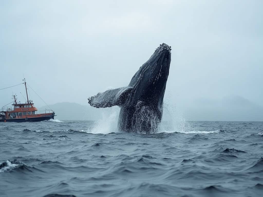 Grey whale breaching near a whale-watching boat in choppy Monterey Bay waters against a winter sky