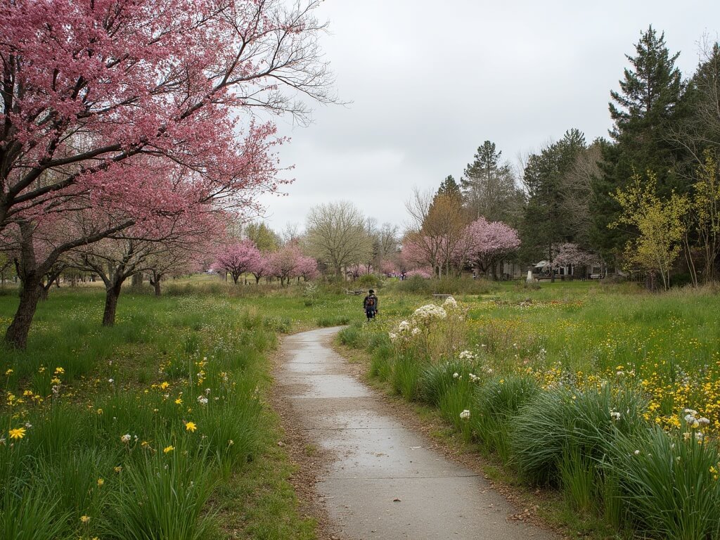 Early spring blooms emerging at Guadalupe River Park in San Jose, featuring a winding trail, lush greenery, a soft overcast sky, marking the subtle transition from winter to spring in February.