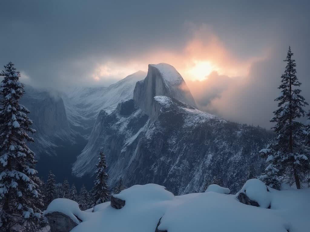 Wide-angle landscape of Half Dome emerging from storm clouds, with fresh snow on granite formations and golden hour light illuminating specific features