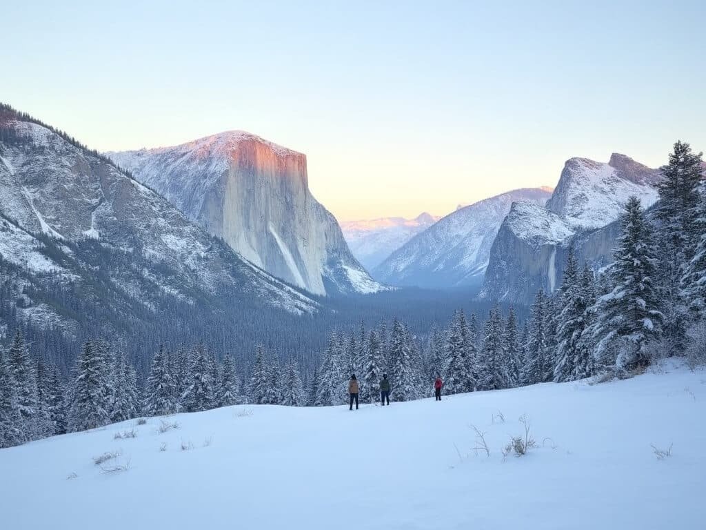 Serenine winter morning at Cook's Meadow Loop with Half Dome in the background, snow-covered landscape, soft alpenglow on granite peaks, and silhouettes of three distant hikers
