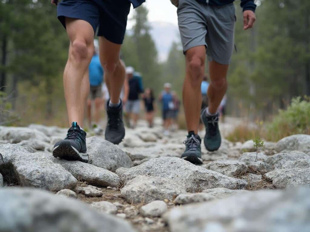 Close-up of hikers' trail running shoes and hiking boots on a granite trail in Yosemite, emphasizing the importance of adequate footwear for challenging terrains.