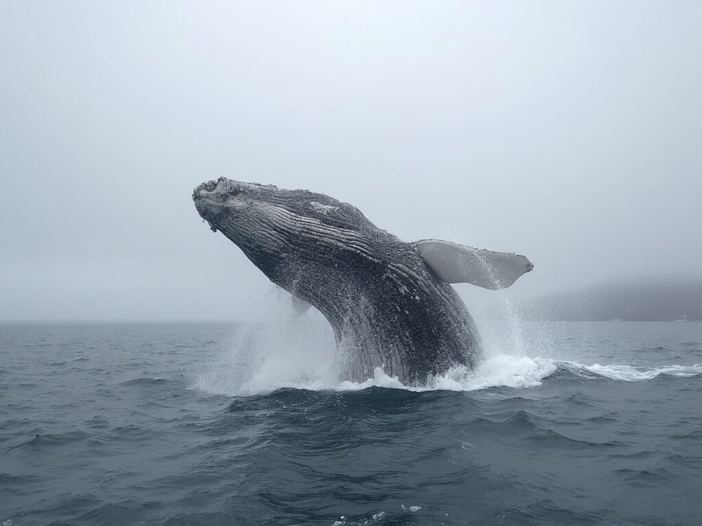 Humpback whale breaching in Monterey Bay with visible barnacles, as seen from a whale watching boat amidst dense marine fog