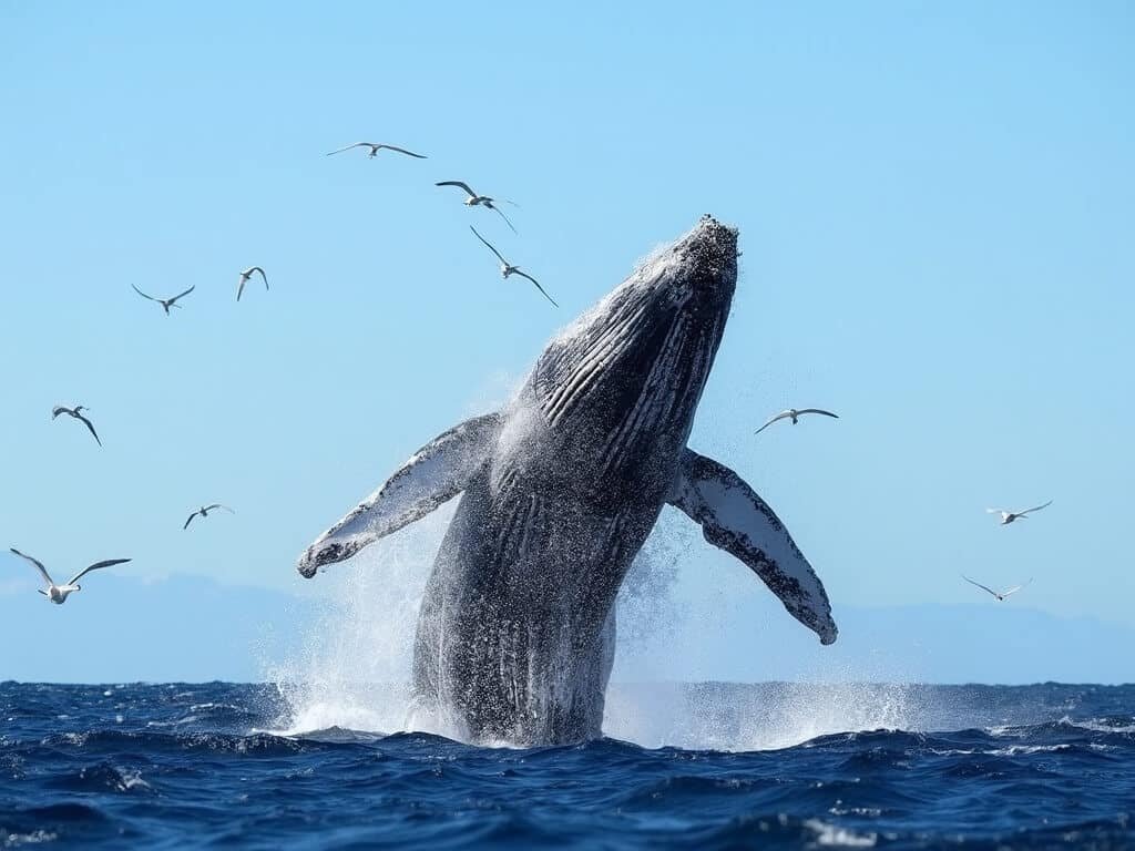 Humpback whale breaching in clear blue September sky with seabirds and ocean spray in the background