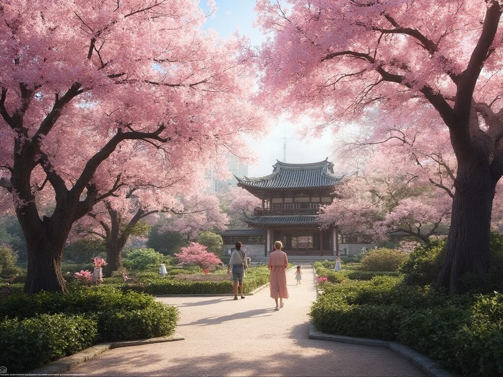 Visitors strolling in Japanese Friendship Garden during Cherry Blossom Festival, surrounded by traditional landscaping and falling pink blossoms in soft morning light