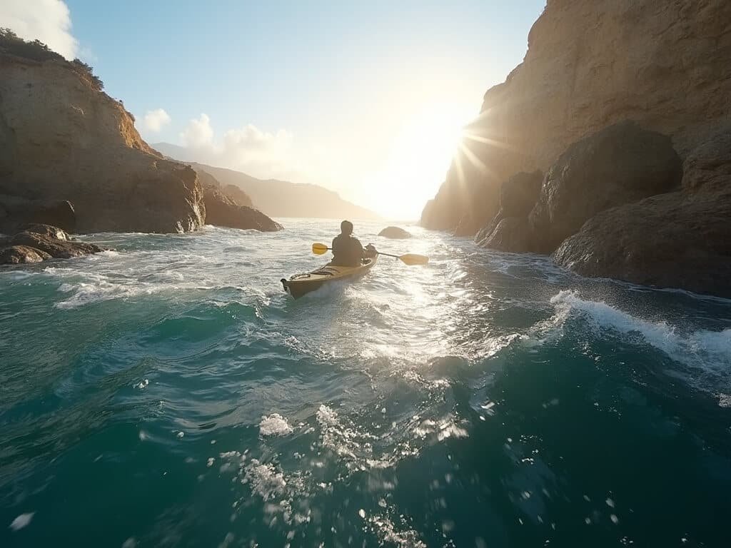 Kayaker exploring Pismo Beach coastline with calm seas and rocky landscape in soft morning light