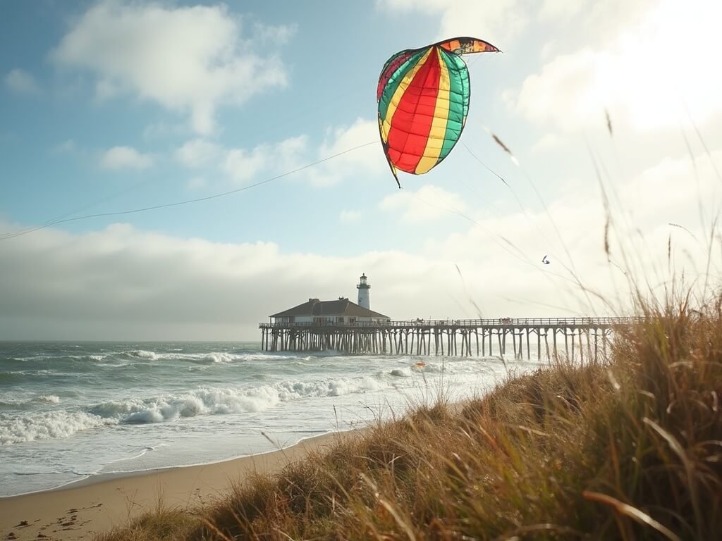 Colorful kite flying above Pismo Beach pier on a perfect November day, showcasing gentle coastal winds and a soft, cloud-dappled sky