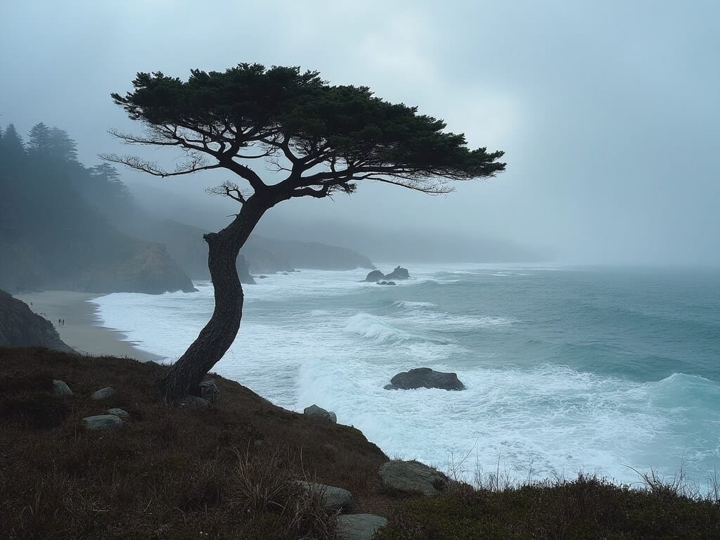 Lone Cypress standing strong during a winter storm on 17-Mile Drive, with crashing waves and dark, stormy skies in the backdrop
