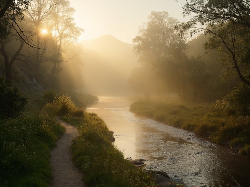 Early morning sunrise over Los Gatos Creek Trail with mist, lush greenery, calm water reflection, and silhouette of Santa Cruz Mountains