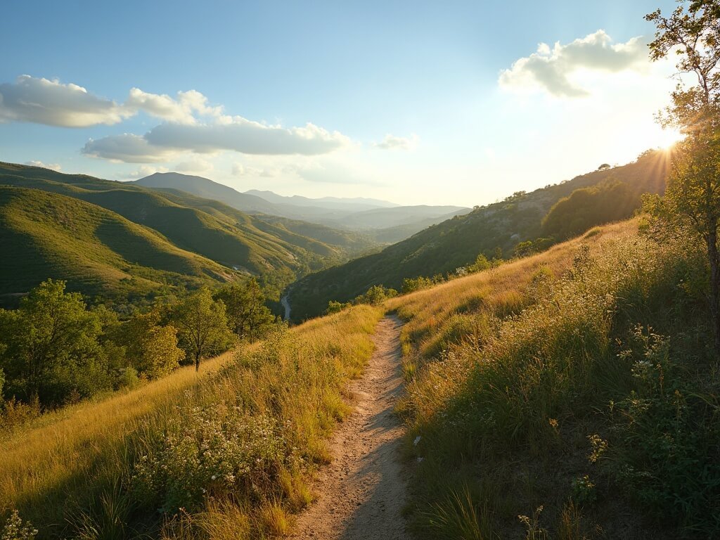 Mid-morning view of Los Gatos Creek Trail with rolling terrain, green vegetation, distant mountains and clear blue sky in golden sunlight