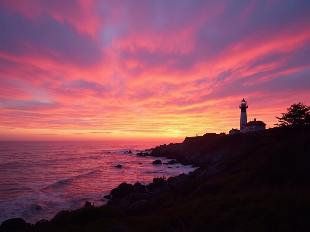 Silhouetted coastline and lighthouse at Lovers Point in Pacific Grove during sunset, with pink and purple sky and golden sunlight reflecting off Monterey Bay waters